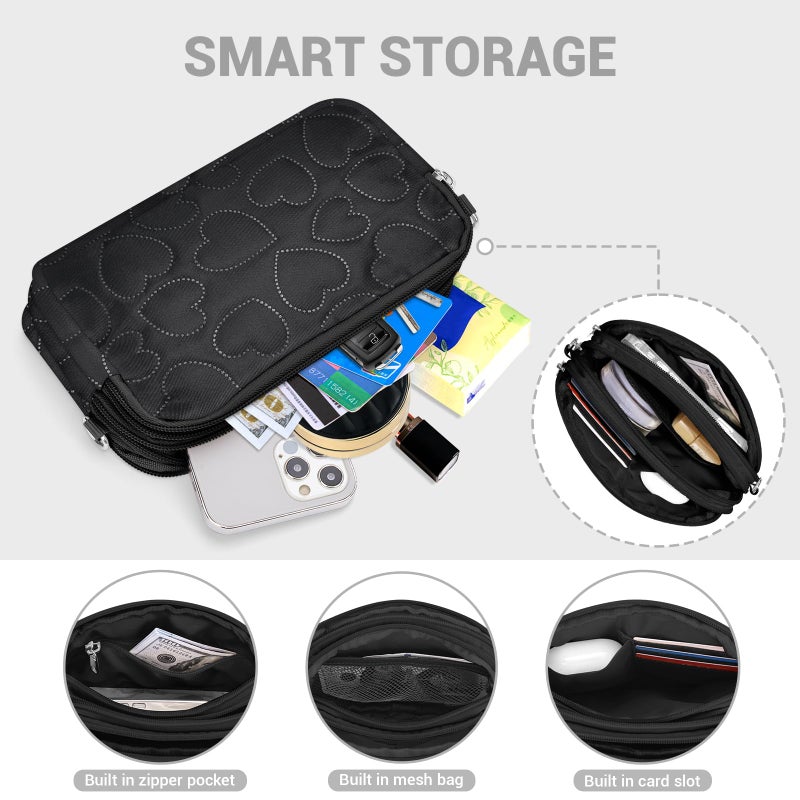 YINHEXI Small Crossbody Bag for Women Small Shoulder Handbags Nylon Quilted 3 Zippers Cell Phone Wallet Bag Purse for Women (Heart Black-01) - Image 3