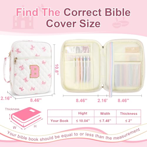 Iqimott Personalized Initial Bible Cover Case for Women Girls Kid - Large Quilted Bible Case with Handle, Stylish Chenille Letter Bag Study Supplies, Perfect Christmas Gifts for Christians Women (Pink Bow-B) - Image 2