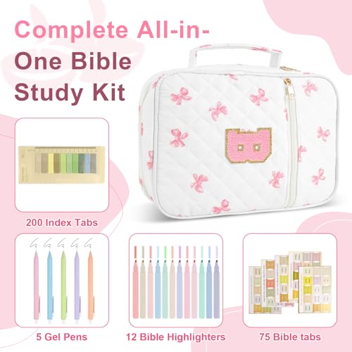 Iqimott Personalized Initial Bible Cover Case for Women Girls Kid - Large Quilted Bible Case with Handle, Stylish Chenille Letter Bag Study Supplies, Perfect Christmas Gifts for Christians Women (Pink Bow-B) - Image 3