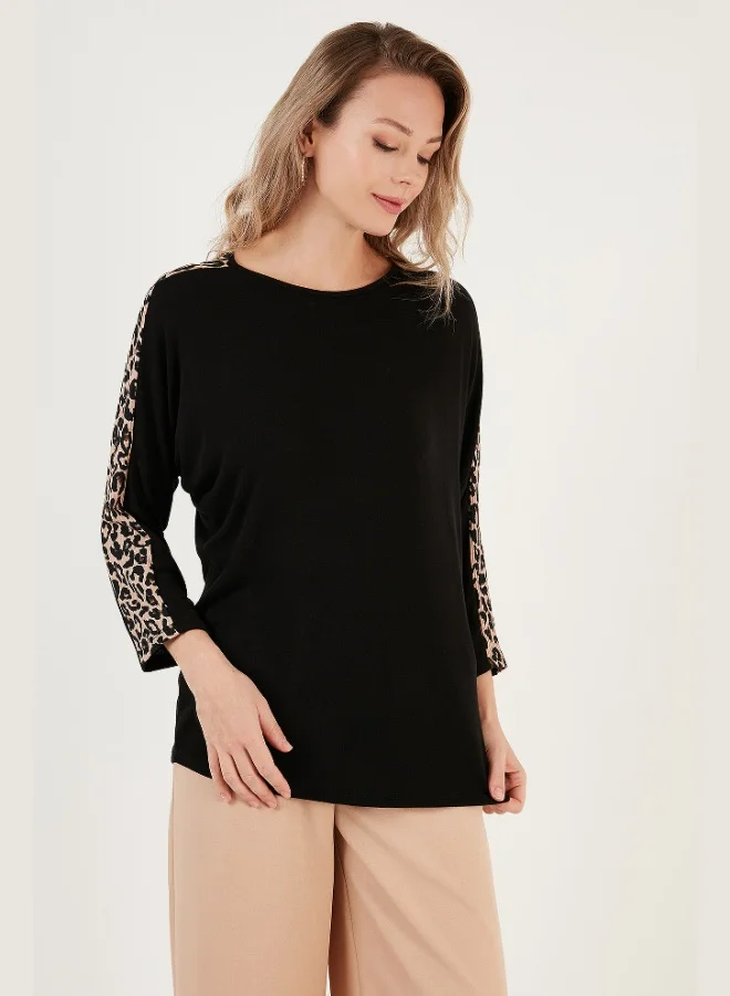 Lela Lela Leopard Sleeve Crew Neck Blouse Women's BLOUSE 5863809