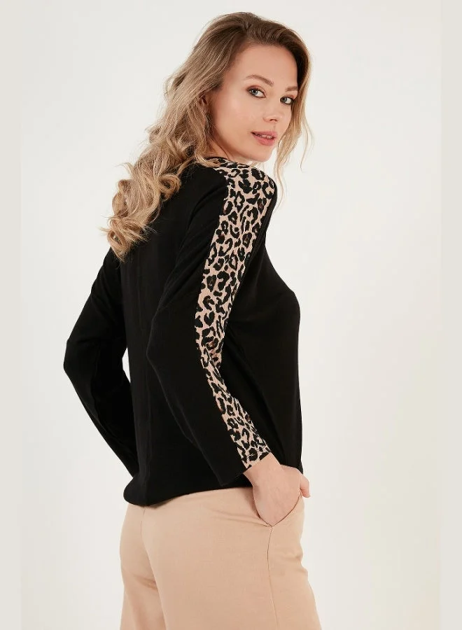 Lela Lela Leopard Sleeve Crew Neck Blouse Women's BLOUSE 5863809