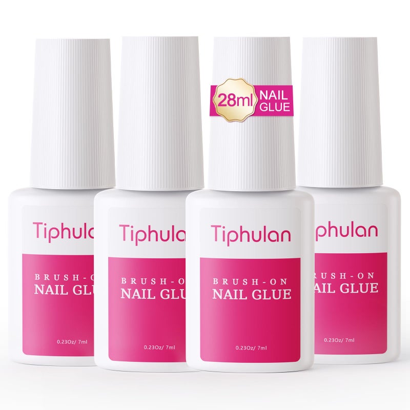 TIPHULAN 28ml Brush On Nail Glue for Press On, Acrylic Nails - Super Strong, Durable & Long-Lasting, Mess Free, Travel Friendly, 0.92 oz(4PCS) - Image 1