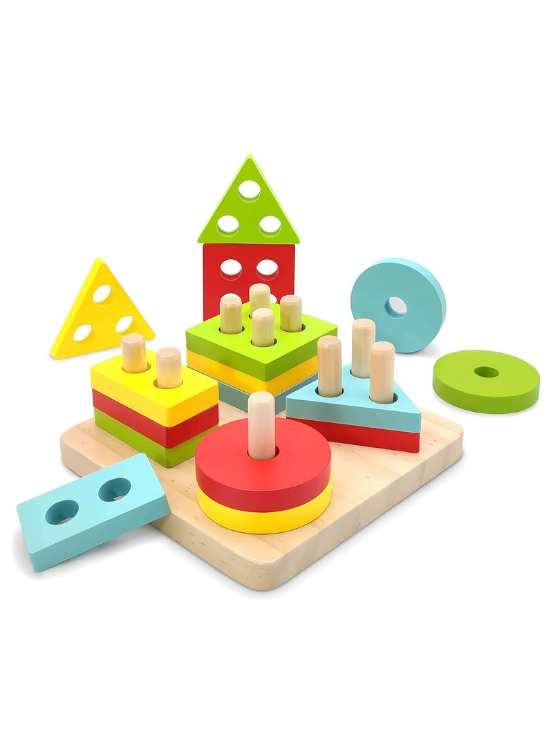 Montessori Toys for 1 2 3 Year Old Boys Girls Gifts, Wooden Sorting and Stacking Toys for Toddlers 1-3, Educational Learning Toys for Preschool Kids, Color Recognition Shape Sorter Puzzles for Baby - Image 1