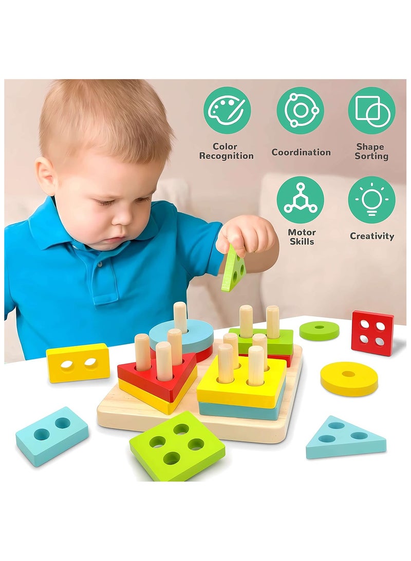 Montessori Toys for 1 2 3 Year Old Boys Girls Gifts, Wooden Sorting and Stacking Toys for Toddlers 1-3, Educational Learning Toys for Preschool Kids, Color Recognition Shape Sorter Puzzles for Baby - Image 2