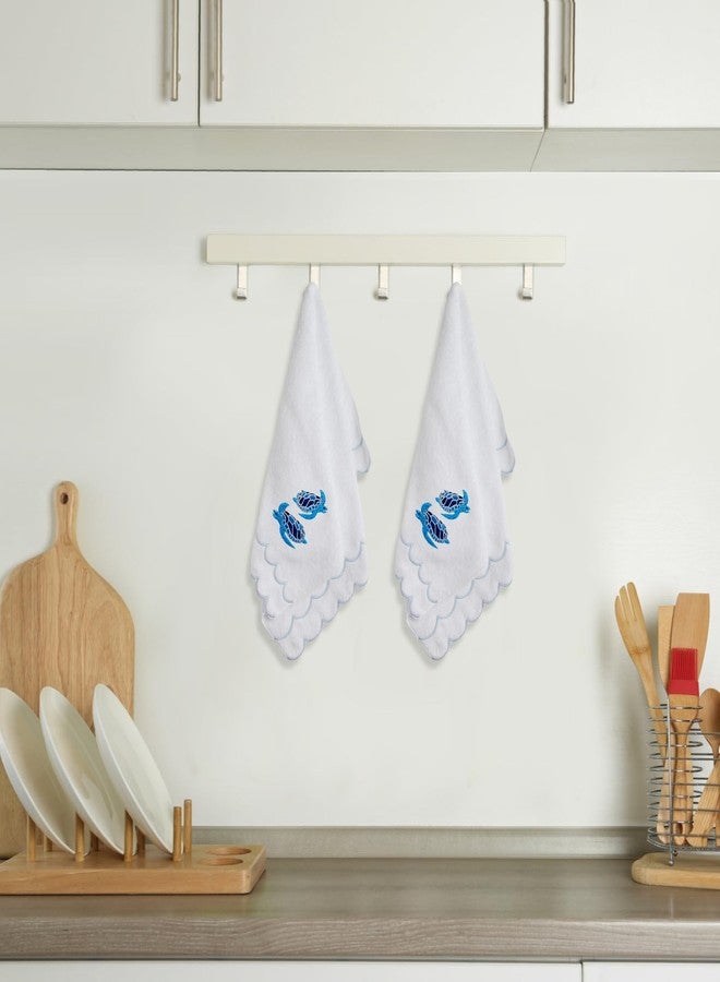 RRBXIA 2 Pcs 100% Cotton Summer Hand Towels for Bathroom Scalloped Hand Towels 16 * 27 Inch Embroidered Decorative 600 GSM Soft Absorbent Bath Towel for Spa Yoga Hotel Sport (Blue) - Image 5