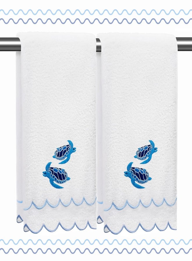 RRBXIA 2 Pcs 100% Cotton Summer Hand Towels for Bathroom Scalloped Hand Towels 16 * 27 Inch Embroidered Decorative 600 GSM Soft Absorbent Bath Towel for Spa Yoga Hotel Sport (Blue) - Image 1