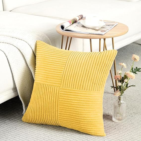 Guffaw Corduroy Pillow Covers Boho Decorative Spliced Throw Pillow Covers Soft Solid Couch Pillowcases Cross Patchwork Cushion Covers for Living Room Bed Sofa 16x16 inch (1, Mustard Yellow) - Image 1
