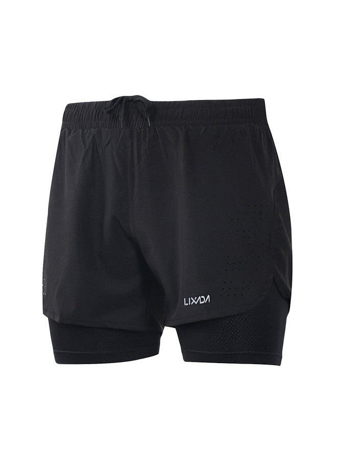 Generic - Men's 2-in-1 Running Shorts Quick Drying Breathable Active Training Exercise Jogging Cycling Shorts with Longer Liner Black Size L - Image 1