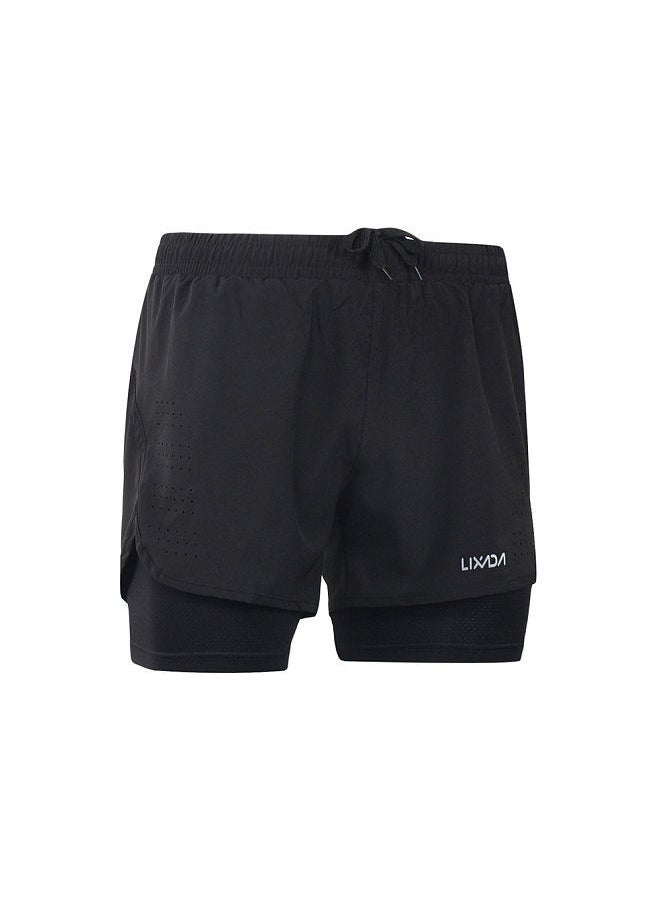 Generic - Men's 2-in-1 Running Shorts Quick Drying Breathable Active Training Exercise Jogging Cycling Shorts with Longer Liner Black Size L - Image 1