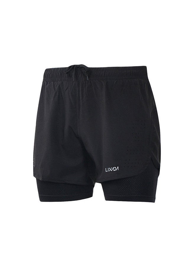 Generic - Men's 2-in-1 Running Shorts Quick Drying Breathable Active Training Exercise Jogging Cycling Shorts with Longer Liner Black Size L - Image 1