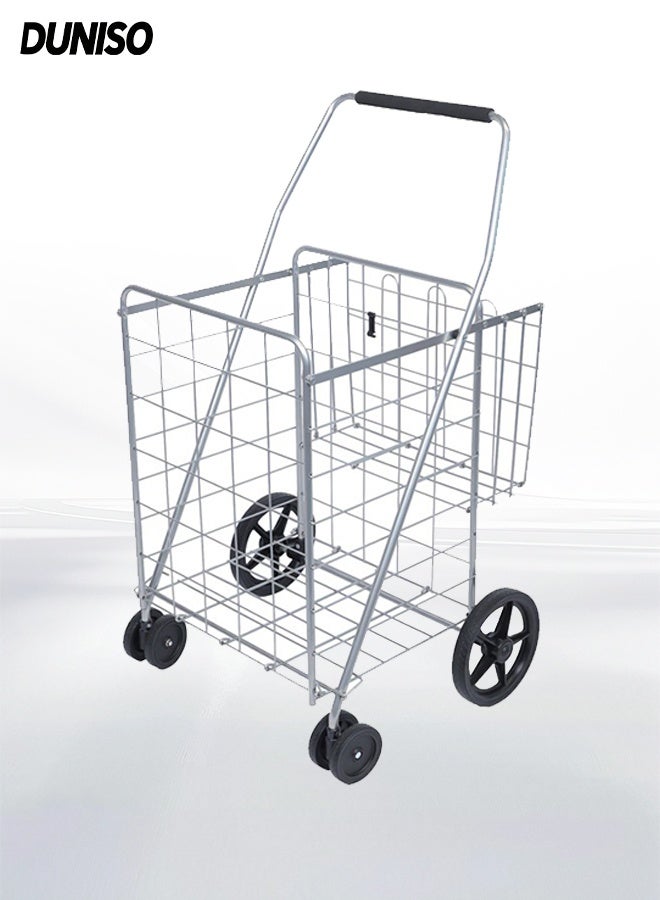 DUNISO عربة تسوق قابلة للطي، دوللي متحرك بعجلات دوارة 360° وسلتين مزدوجتين، عربة للأنشطة الخارجية، الرحلات، التخييم، التسوق، خفيفة الوزن ومضغوطة - Image 1
