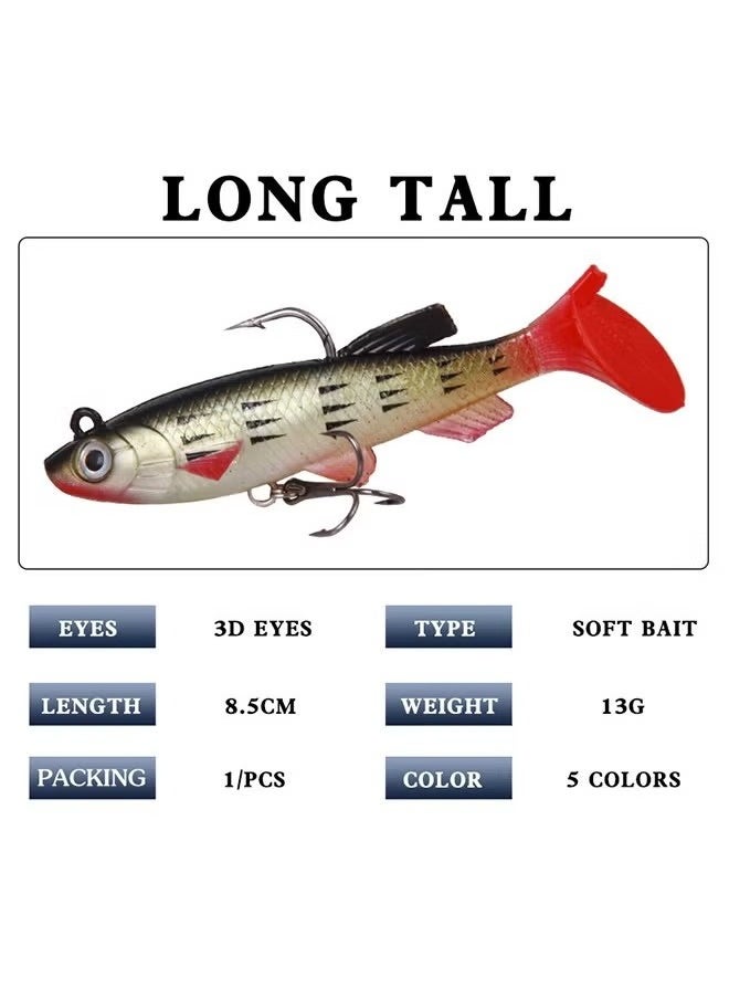 Beauenty Fishing Lure Set, 5Pcs 8.5cm Soft Bait Head Sea Fish Lures Fishing Tackle Sharp Treble Hook T Tail Artificial Bait  - Image 3