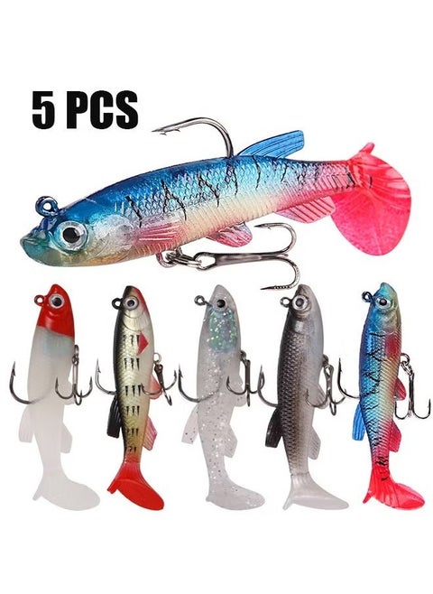 Fishing Lure Set, 5Pcs 8.5cm Soft Bait Head Sea Fish Lures Fishing Tackle Sharp Treble Hook T Tail Artificial Bait