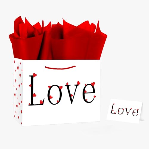 Linelglobal Large White Valentine Gift Bag with Letter Love Comes with Tissues, Card, Envelope, Label and A Cute Sticker for Valentine's Day, Anniversary Celebrations, Wedding-related Rvents - Image 1