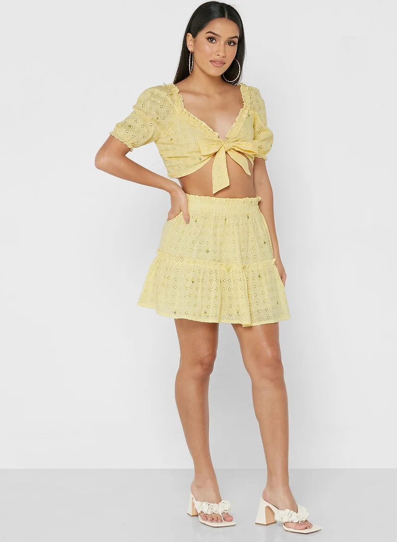 boohoo Tie Detail Broidered Crop Top & Skirt Set