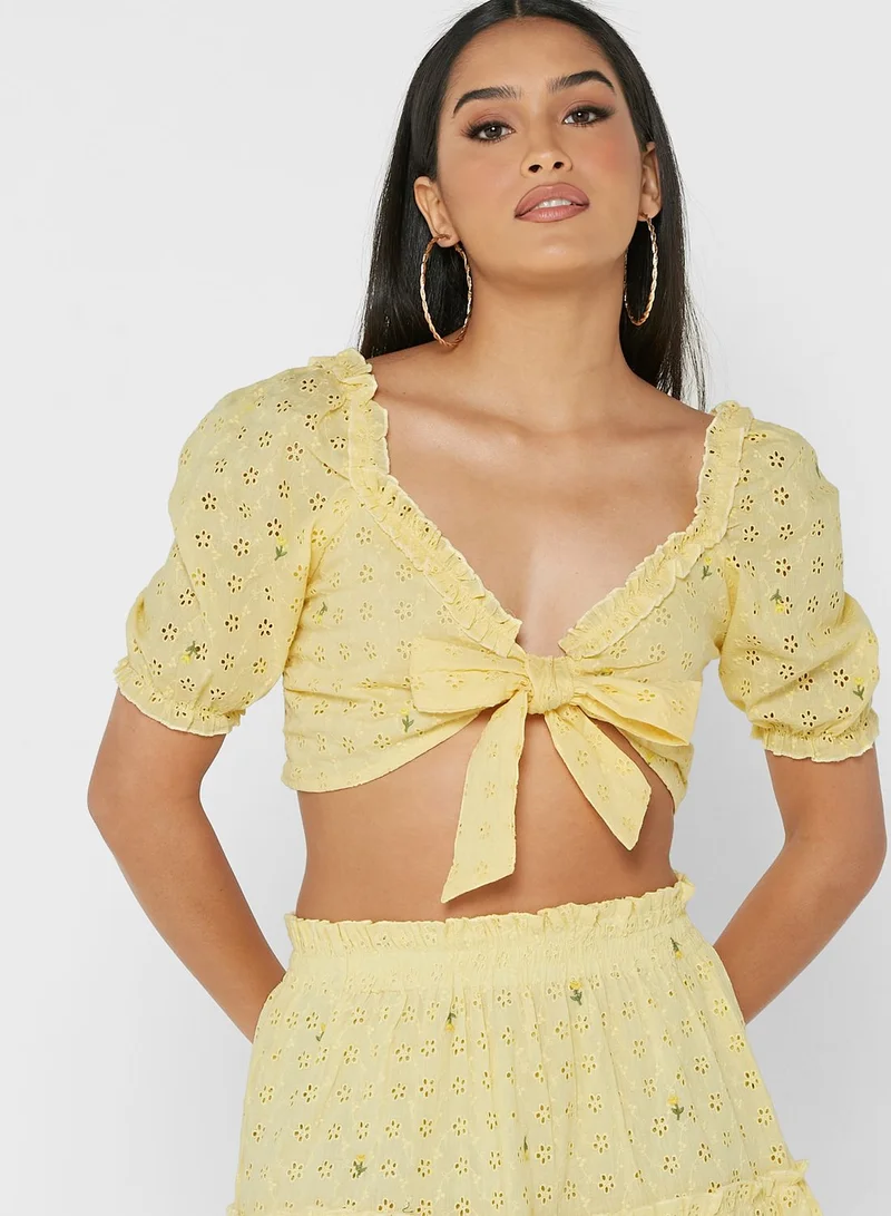 boohoo Tie Detail Broidered Crop Top & Skirt Set