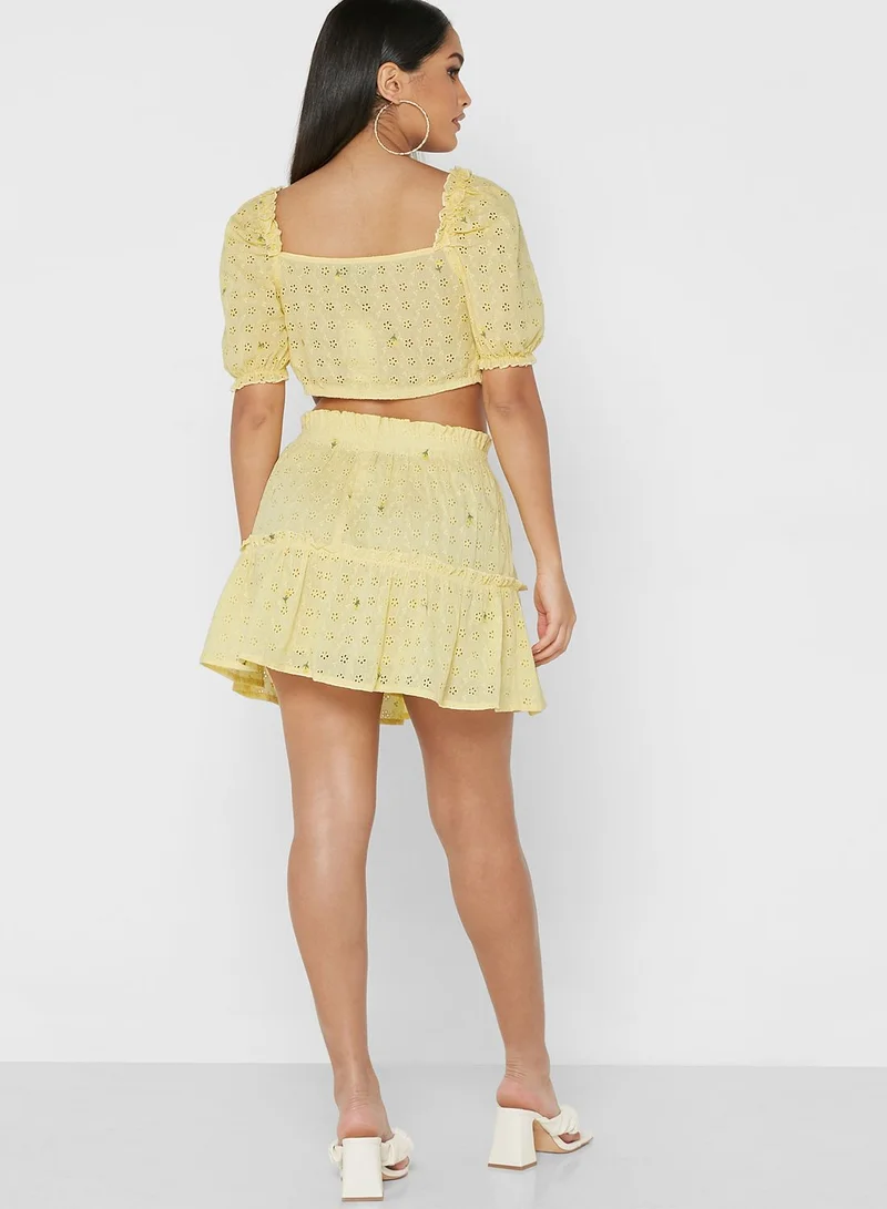 boohoo Tie Detail Broidered Crop Top & Skirt Set