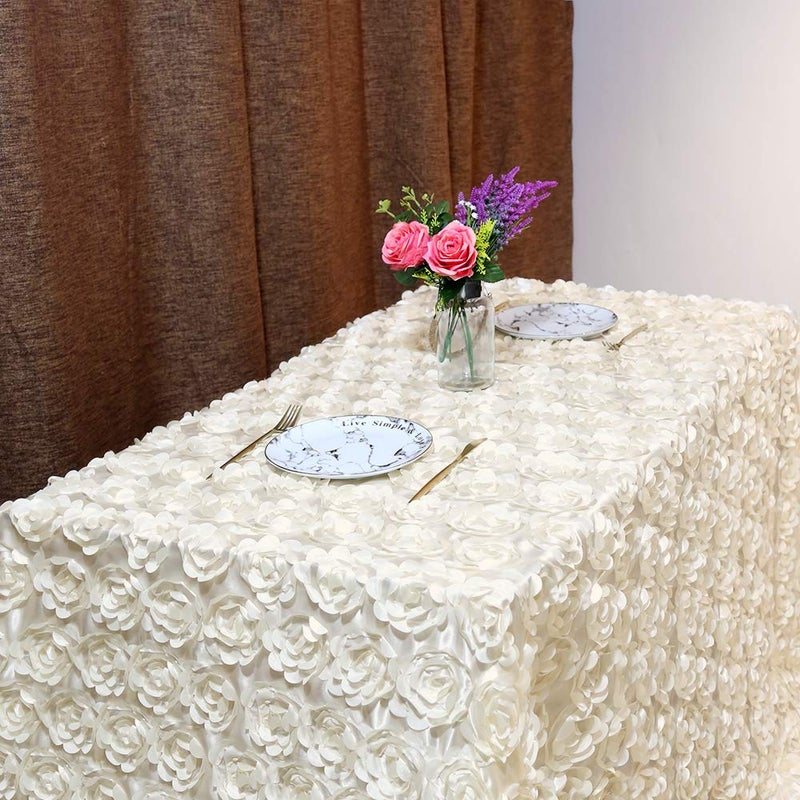 Fanqisi Ivory Rosette Tablecloth Wedding Decoration 50x80Inch Satin Tablecloth Flower Table Cover for Wedding Baby Shower Home Party Table Decoration