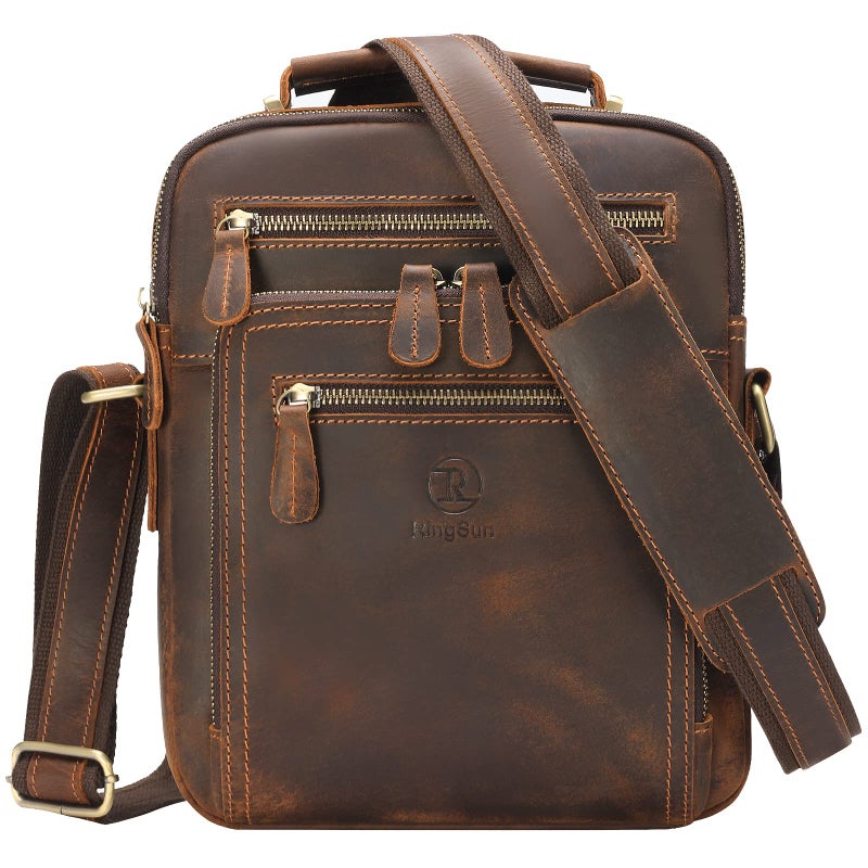 RINGSUN Ringsun Small Genuine Leather Mens Purse Bag, Full Grain Leather Man Purse Man Bag Messenger Bag for Men Zipper Crossbody Shoulder Satchel Bag for Work Business, Red Brown  - Image 1