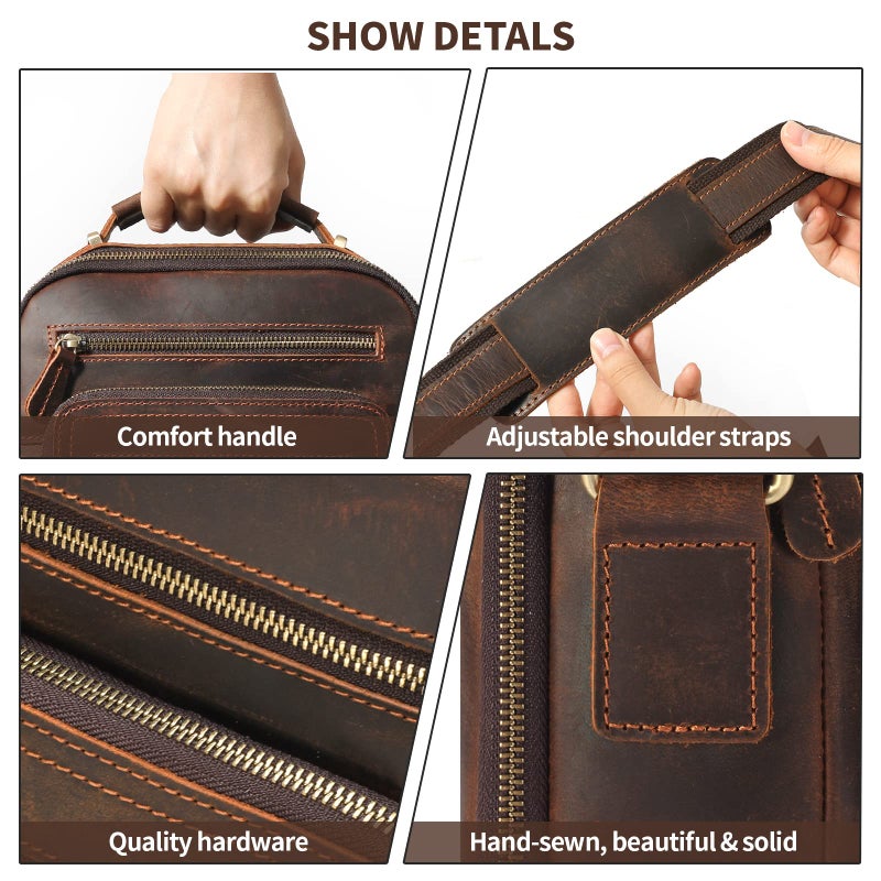 RINGSUN Ringsun Small Genuine Leather Mens Purse Bag, Full Grain Leather Man Purse Man Bag Messenger Bag for Men Zipper Crossbody Shoulder Satchel Bag for Work Business, Red Brown  - Image 5