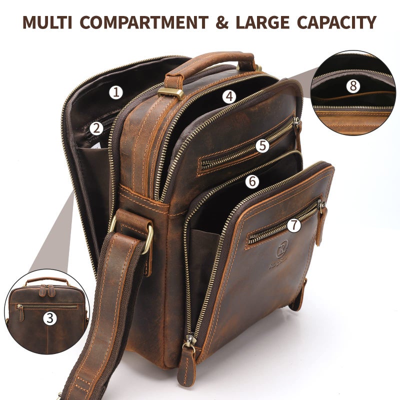 RINGSUN Ringsun Small Genuine Leather Mens Purse Bag, Full Grain Leather Man Purse Man Bag Messenger Bag for Men Zipper Crossbody Shoulder Satchel Bag for Work Business, Red Brown  - Image 3