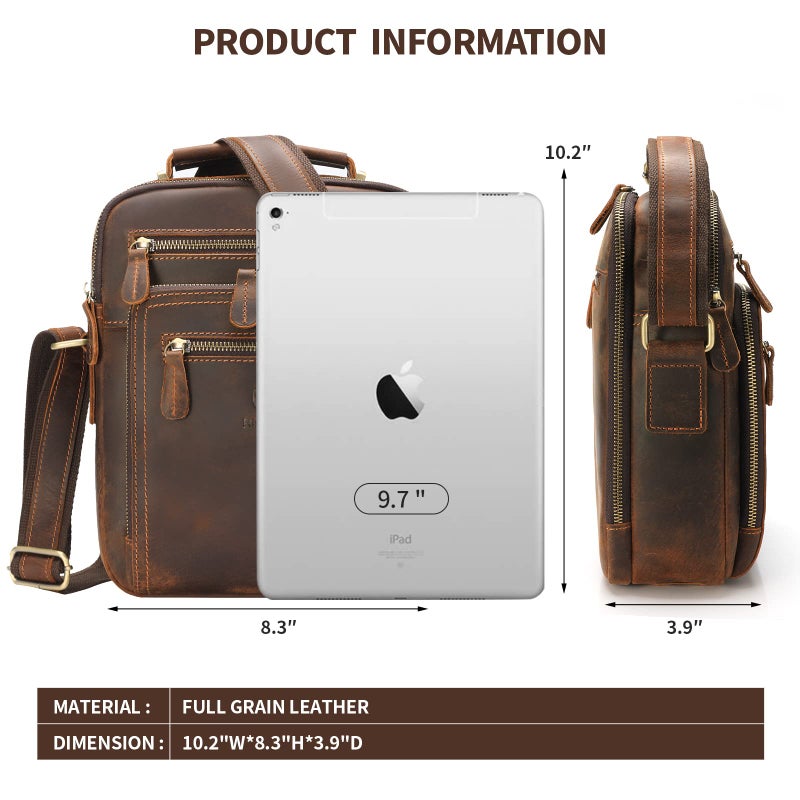 RINGSUN Ringsun Small Genuine Leather Mens Purse Bag, Full Grain Leather Man Purse Man Bag Messenger Bag for Men Zipper Crossbody Shoulder Satchel Bag for Work Business, Red Brown  - Image 2