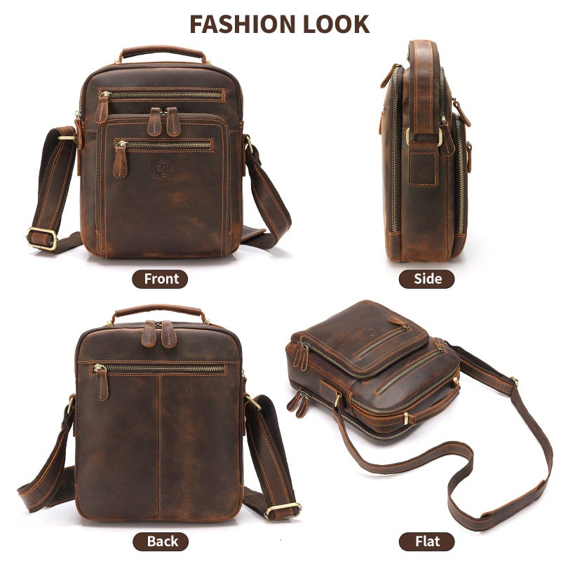 RINGSUN Ringsun Small Genuine Leather Mens Purse Bag, Full Grain Leather Man Purse Man Bag Messenger Bag for Men Zipper Crossbody Shoulder Satchel Bag for Work Business, Red Brown  - Image 4