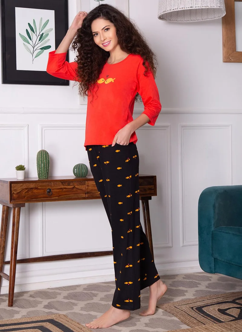 كلوفيا Clovia Fish Print Top in Red & Pyjama in Black - 100% Cotton