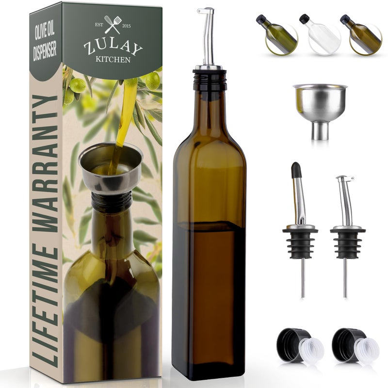 Zulay Olive Oil Dispenser  Glass Oil Container With Spout 17oz Bottle Dark Brown