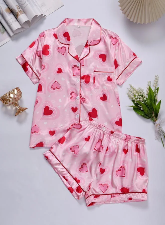 Take Two Pink Heart Print Shirt and Shorts Pajama Set