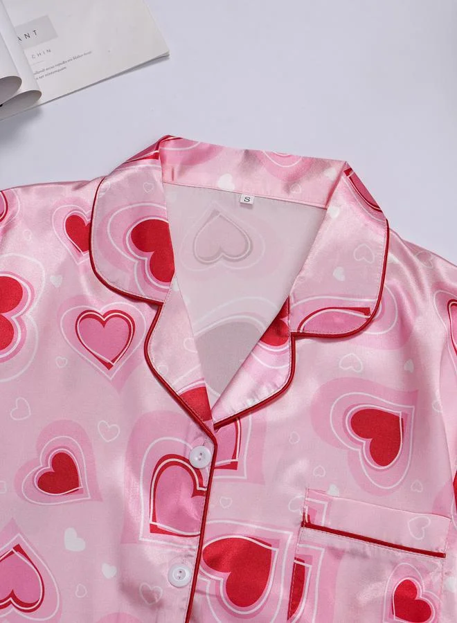 Take Two Pink Heart Print Shirt and Shorts Pajama Set