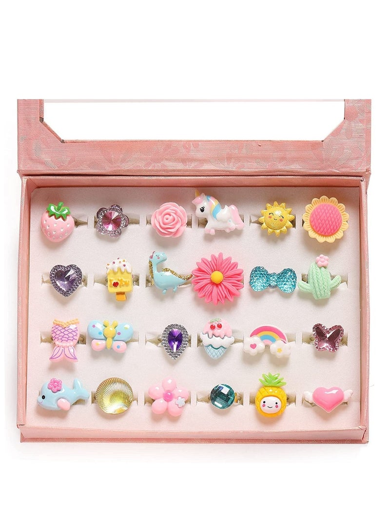 Little Girl Jewel Rings in Box, Adjustable, No Duplication, Girl Pretend Play and Dress Up Rings (24 Lovely Ring)  - Image 2