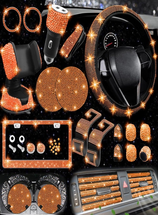 NBTEPEM 27 PCs Orange Bling Car Accessories Set for Women, Bling Steering Wheel Covers Universal Fit 15 Inch, Bling License Plate Frame, Bling Phone Holder, Bling Car Coasters (Orange Diamond) - Image 1