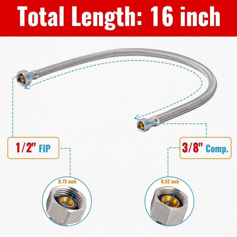 SUNGATOR (2 Pack) 16 Inch Faucet Supply Lines, 3/8" Female Comp Thread x 1/2" FIP Thread Sink Hose, 16" Stainless Steel Braided Faucet Supply Line for Bathroom, with 2 Wrenches and 1 Sealing Tape - Image 3