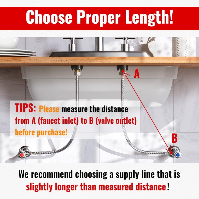 SUNGATOR (2 Pack) 16 Inch Faucet Supply Lines, 3/8" Female Comp Thread x 1/2" FIP Thread Sink Hose, 16" Stainless Steel Braided Faucet Supply Line for Bathroom, with 2 Wrenches and 1 Sealing Tape - Image 4