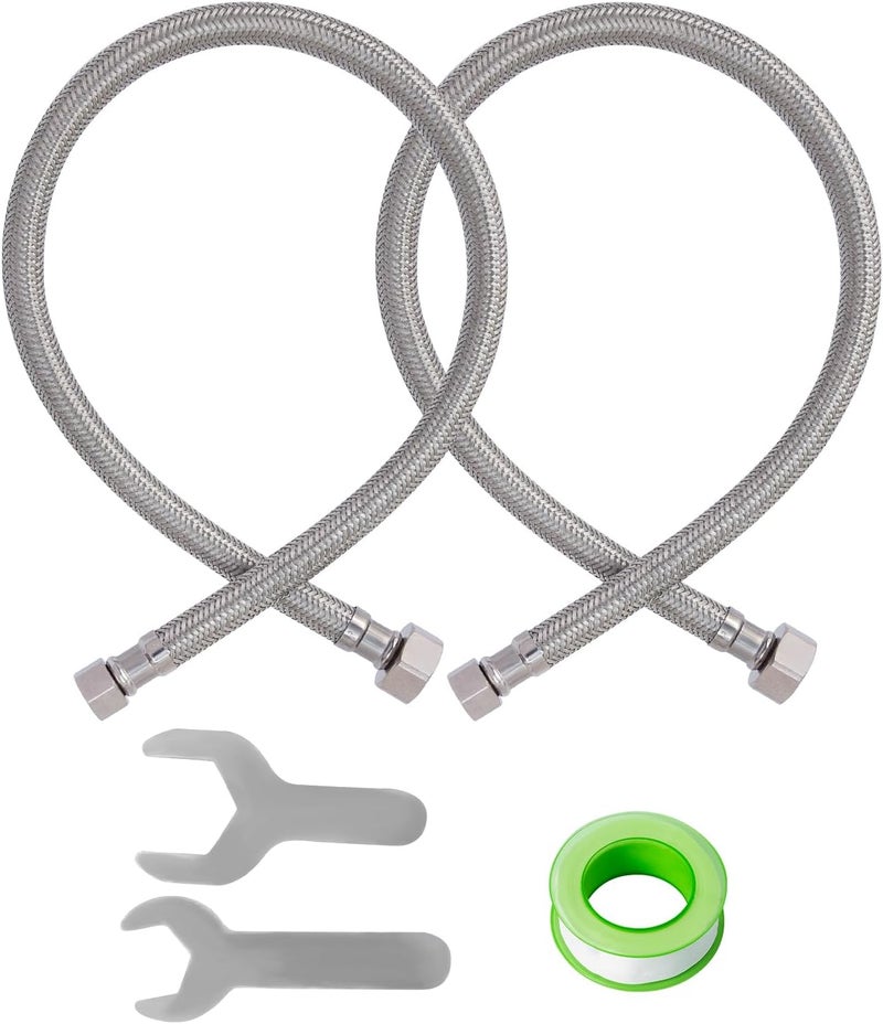 SUNGATOR (2 Pack) 16 Inch Faucet Supply Lines, 3/8" Female Comp Thread x 1/2" FIP Thread Sink Hose, 16" Stainless Steel Braided Faucet Supply Line for Bathroom, with 2 Wrenches and 1 Sealing Tape - Image 1