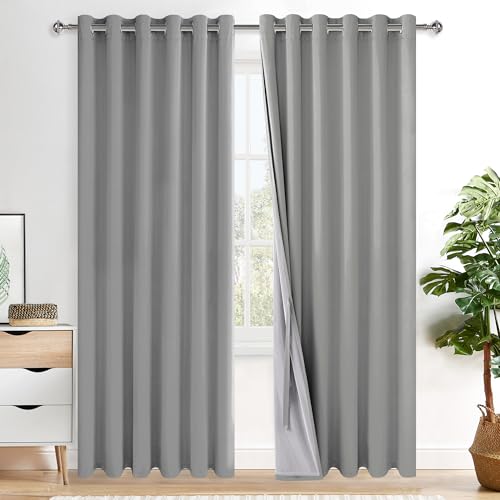 XWZO Full Shading Blackout Curtains 84 Inches Length with Tiebacks- Heat and Light Blocking Ring Top Window Drapes with Black Liner for Bedroom/Kid's Room, Light Grey, W70 x L84, Set of 2 Panels - Image 1