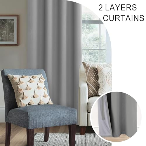 XWZO Full Shading Blackout Curtains 84 Inches Length with Tiebacks- Heat and Light Blocking Ring Top Window Drapes with Black Liner for Bedroom/Kid's Room, Light Grey, W70 x L84, Set of 2 Panels - Image 5