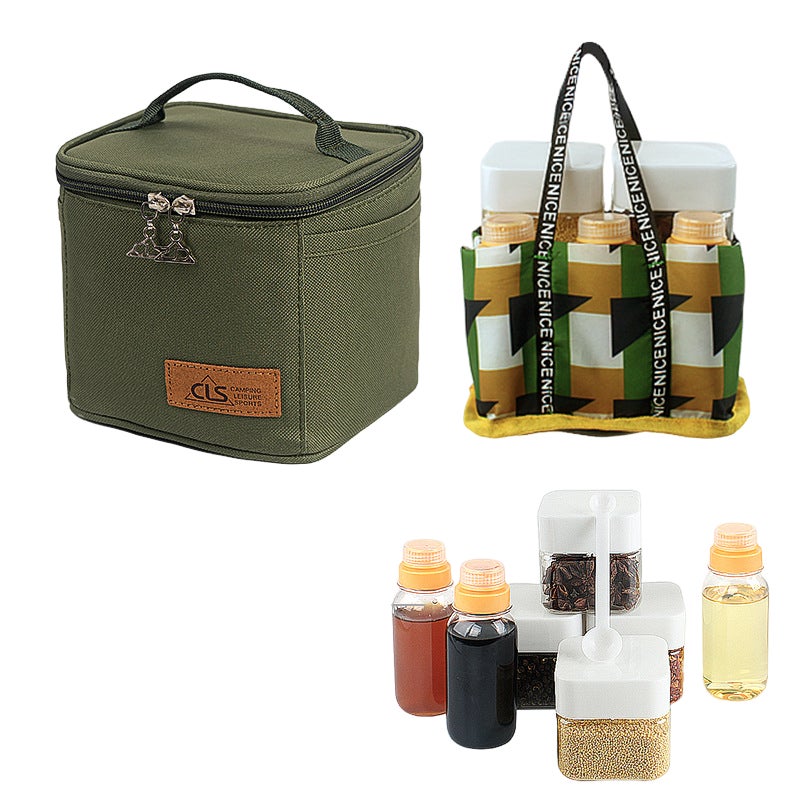 Outdoor 7-piece seasoning box combination set, camping picnic barbecue seasoning tank, oil pot seasoning bottle, sealed oil bottle, green