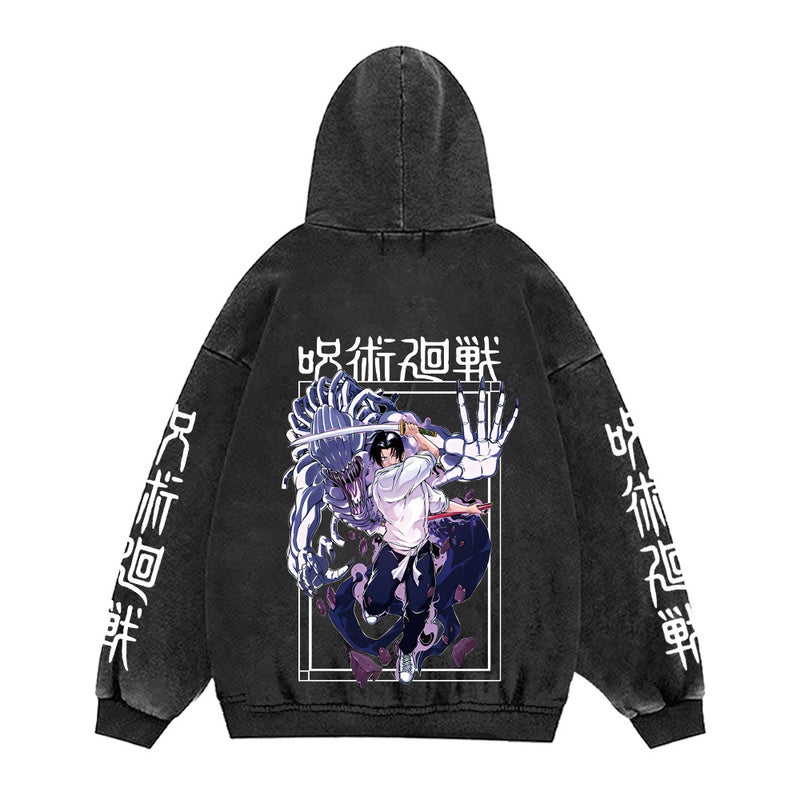440g Heavy Washed Old Jujutsu Kaisen Printed Street Retro Sweatshirt Street Tide Hat Sweatshirt 12 retro black (back map)
