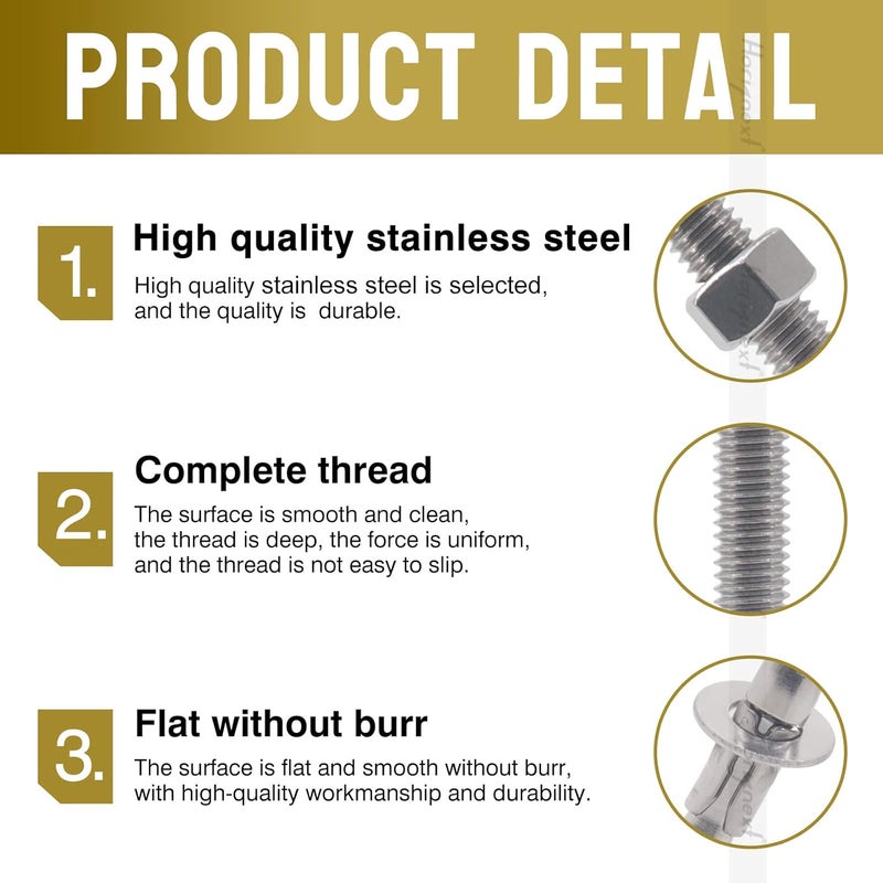 Horiznext مسامير ربط على شكل إسفين 3/8" × 4-1/2"، للاستخدام مع الأسمنت والخرسانة فقط، براغي من الفولاذ المقاوم للصدأ و براغي لاغ (4 قطع) - Image 3