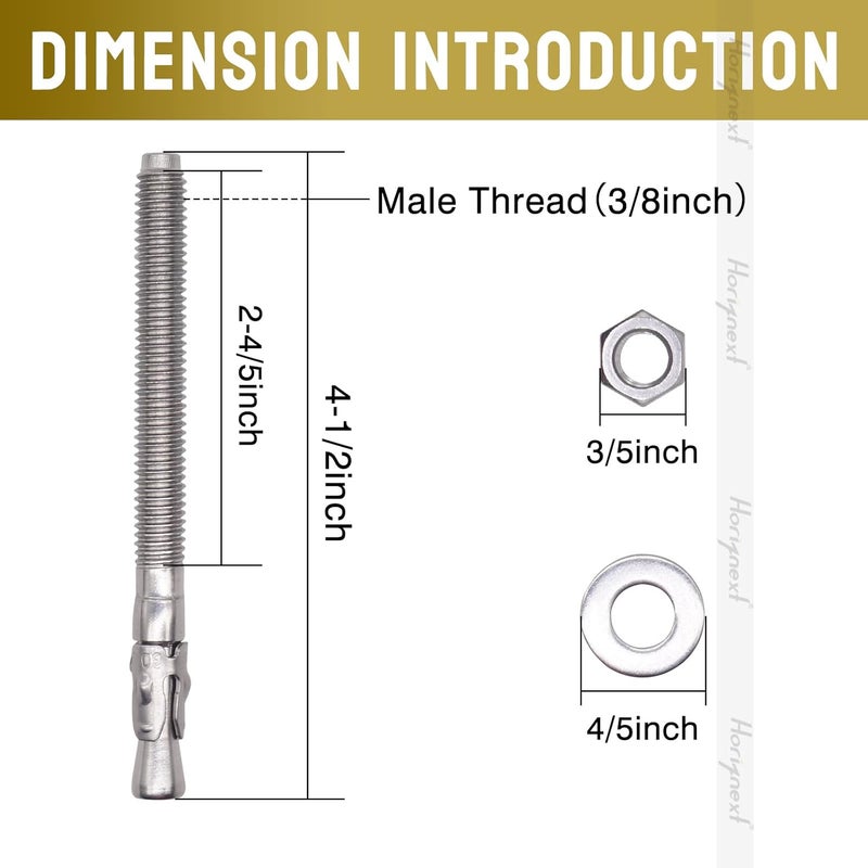 Horiznext مسامير ربط على شكل إسفين 3/8" × 4-1/2"، للاستخدام مع الأسمنت والخرسانة فقط، براغي من الفولاذ المقاوم للصدأ و براغي لاغ (4 قطع) - Image 2