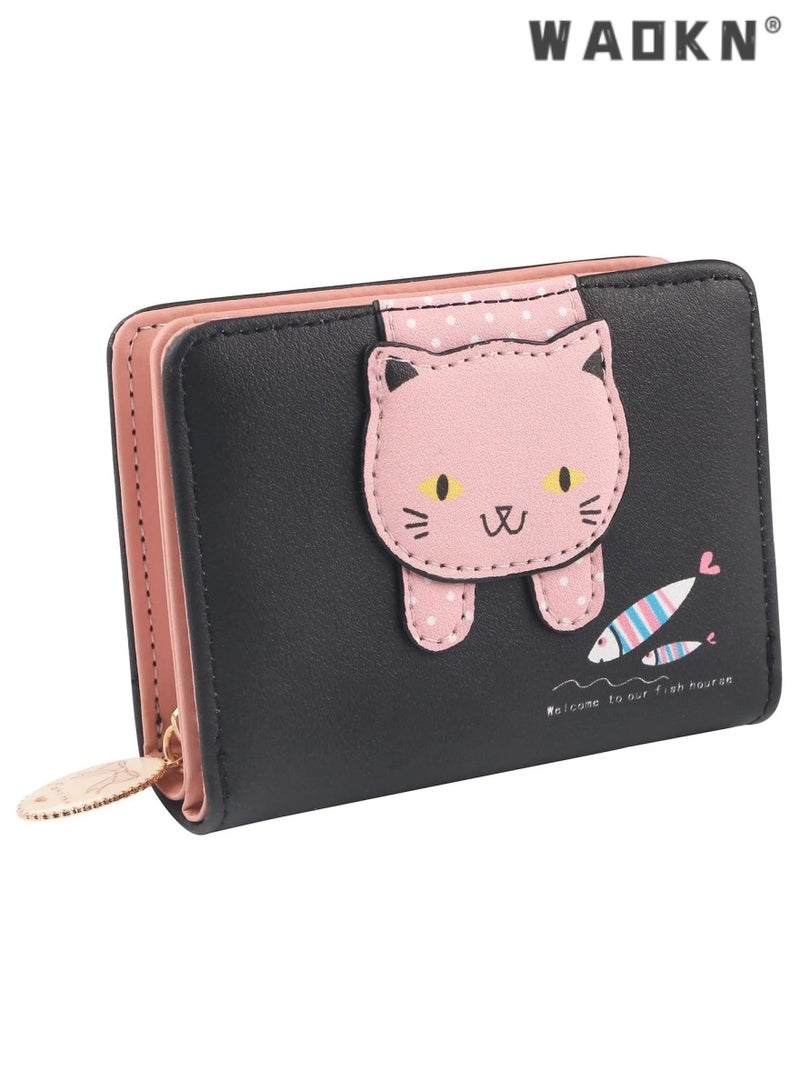 WAOKN Cute cat wallet, exquisite small bag for women, PU material wallet, compact women's handbag including metal zipper, specially designed for children, teenagers, girls and women (Black Pink) - Image 1
