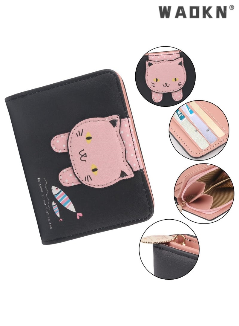 WAOKN Cute cat wallet, exquisite small bag for women, PU material wallet, compact women's handbag including metal zipper, specially designed for children, teenagers, girls and women (Black Pink) - Image 2