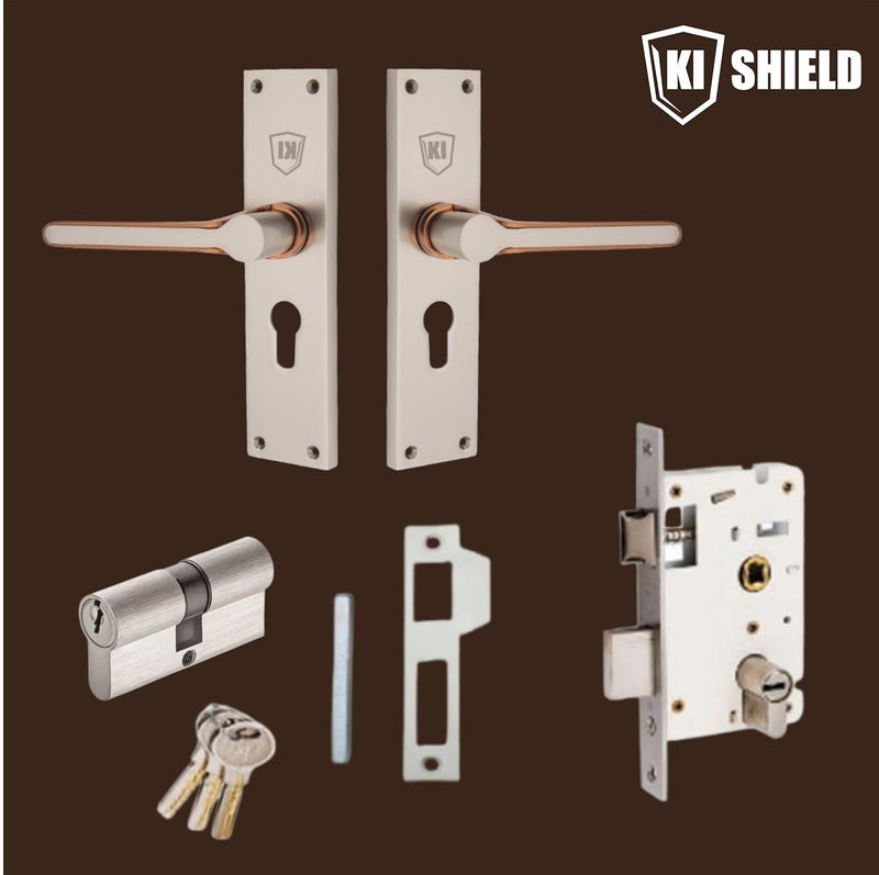 KI SHIELD مجموعة مقبض قفل باب مورتيس من الزنك | قفل أسطواني 6 رافعات 70 مم 1013 CY | مناسب للأبواب في غرفة المعيشة وغرفة النوم والباب المنزلي (تشطيب فضي ساتان / ذهب وردي) - Image 1