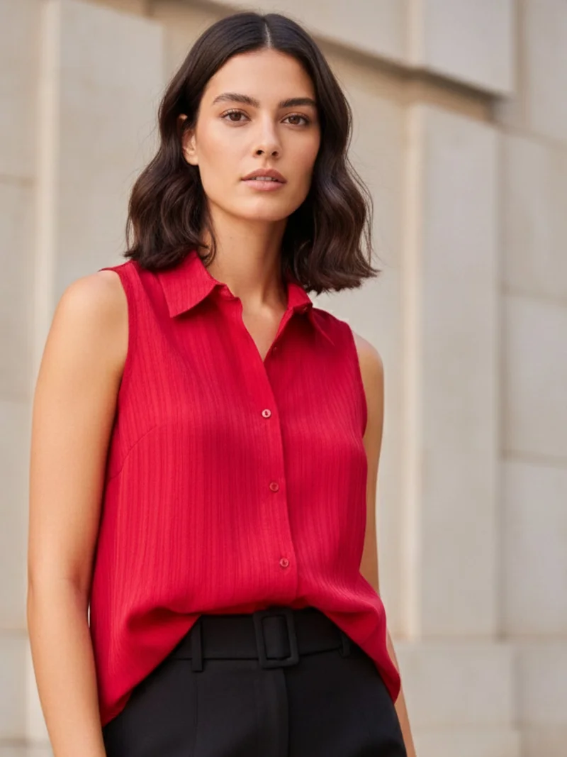 أوجيدر قميص أحمر بلا أكمام بأزرار أمامية