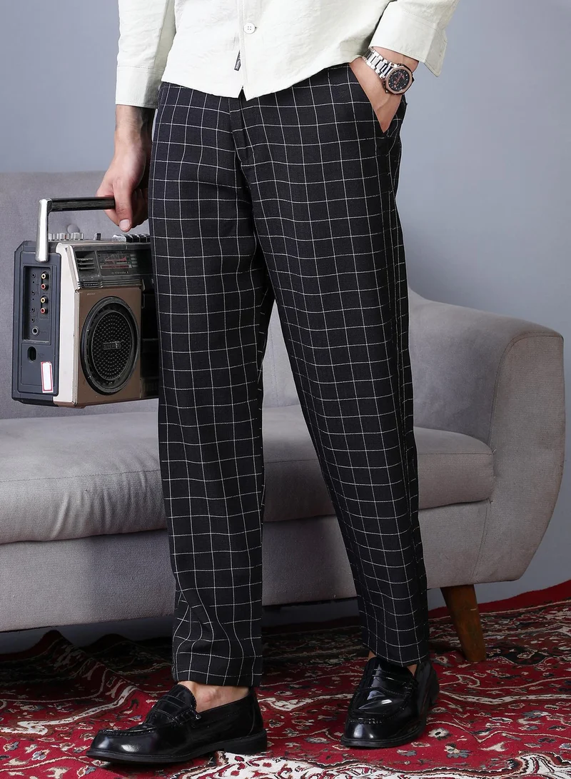 Campus Sutra Men's Midnight Black Graph-Check Staright Trousers For Casual Wear | Mid-Rise | Straight Fit | Drawstring Closure | Trousers Crafted With Comfort Fit For Everyday Wear