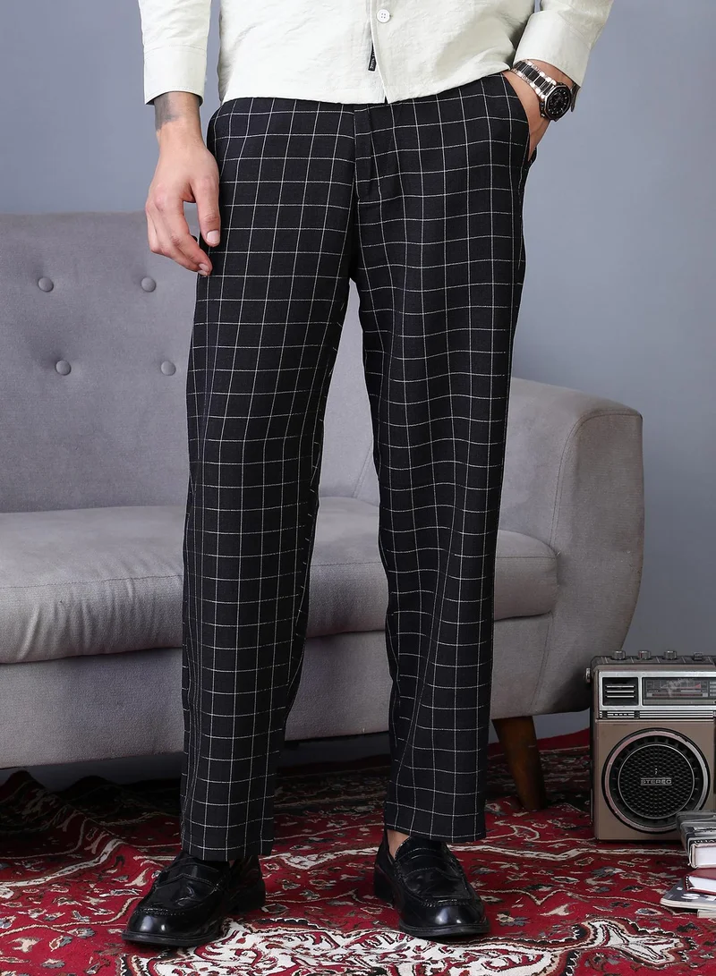 Campus Sutra Men's Midnight Black Graph-Check Staright Trousers For Casual Wear | Mid-Rise | Straight Fit | Drawstring Closure | Trousers Crafted With Comfort Fit For Everyday Wear