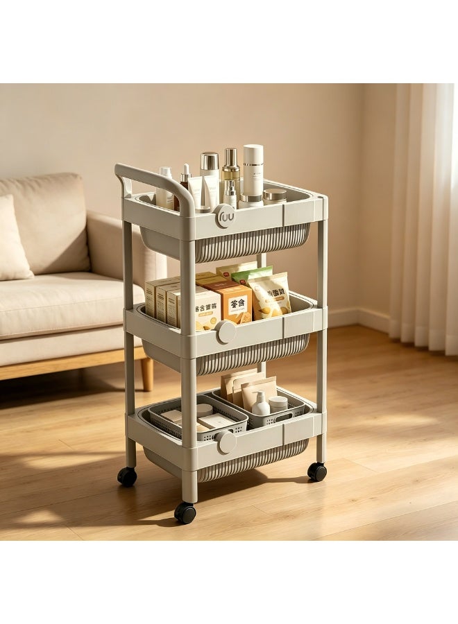 Kitchen Trolley, 3-Tier Plastic Rolling Utility Cart with Handle, Multi Functional Storage Trolley, Movable Storage Organizer with Wheels, For Office, Living Room, Kitchen, Bedside, Snack (Grey) - Image 1