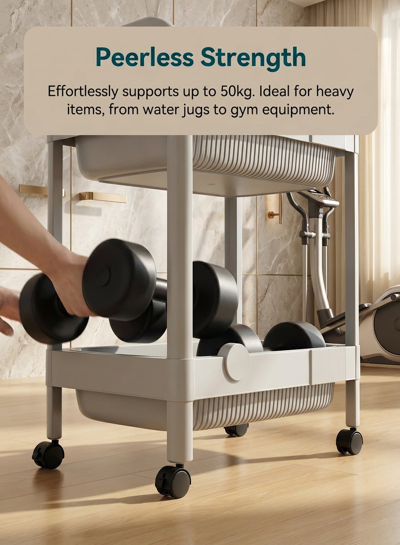 Kitchen Trolley, 3-Tier Plastic Rolling Utility Cart with Handle, Multi Functional Storage Trolley, Movable Storage Organizer with Wheels, For Office, Living Room, Kitchen, Bedside, Snack (Grey) - Image 2